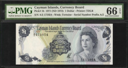 CAYMAN ISLANDS. Cayman Islands Currency Board. 1 Dollar, 1971 (ND 1972). P-1b. PMG Gem Uncirculated 66 EPQ.

Initial denomination of this Queen Eliz...