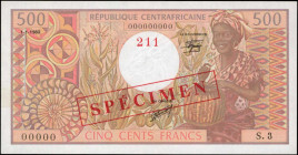 CENTRAL AFRICAN REPUBLIC. Republique Centrafricaine. 500 Francs, 1980. P-9s. Specimen. Choice Uncirculated.

Minor mounting remnants are found in th...
