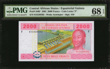 CENTRAL AFRICAN STATES. Banque Des Etats De L'Afrique Centrale. 2000 Francs, 2002. P-508F. PMG Superb Gem Uncirculated 68 EPQ.

Estimate: $75.00 - $...