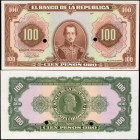 COLOMBIA. El Banco de la Republica. 100 Pesos, ND. P-394p. Front and Back Proofs. About Uncirculated.

Both front and back proofs have been hole pun...