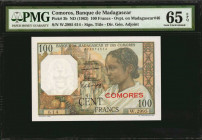 COMOROS. Banque De Madagascar Et Des Comores. 100 Francs, ND (1963). P-3b. PMG Gem Uncirculated 65 EPQ.

Excellent design with woman and Palace of Q...
