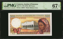 COMOROS. Lot of (3). Institut D'Emission Des Comoros. 500 Francs, ND (1976). P-7a. Consecutive. PMG Superb Gem Uncirculated 67 EPQ & 68 EPQ.

Estima...