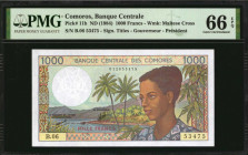 COMOROS. Banque Centrale des Comores. 1000 Francs, ND (1984). P-11b. PMG Gem Uncirculated 66 EPQ.

Estimate: $50.00 - $100.00