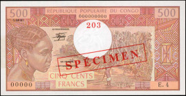 CONGO REPUBLIC. Republique Populaire du Congo. 500 Francs, 1981. P-2bs. Specimen. Uncirculated.

Estimate: $150.00 - $250.00