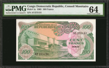 CONGO DEMOCRATIC REPUBLIC. Conseil Monetaire. 100 Francs, 1963. P-1a. PMG Choice Uncirculated 64.

Estimate: $50.00 - $100.00