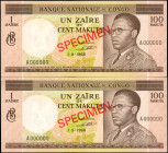 CONGO DEMOCRATIC REPUBLIC. Lot of (2). Banque Nationale De Congo. 100 Makuta, 1968. P-12s2. Specimens. About Uncirculated.

Estimate: $80.00 - $120....