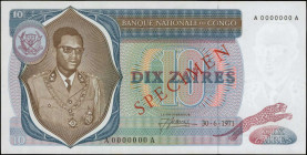 CONGO DEMOCRATIC REPUBLIC. Banque Nationale du Congo. 10 Zaires, 1971. P-15a. Specimen. Uncirculated.

Estimate: $30.00 - $60.00