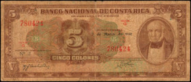 COSTA RICA. Banco Nacional de Costa Rica. 5 Colones, March 3, 1948. P-209a. Fine.

Date of March 3, 1948. Series G. Seen with margin nicks.

Estim...