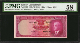 TURKEY. Turkiye Cumhuriyet Merkez Bankasi. 1 Lira, 1930 (ND 1942). P-135. PMG Choice About Uncirculated 58.

Printed by BWC. President Mustafa Ismet...