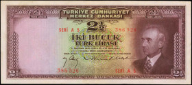 TURKEY. Turkiye Cumhuriyet Merkez Bankasi. 2 1/2 Turk Lirasi, 1930. P-140a. Very Fine.

President Mustafa Ismet Inonu at right with watermark at lef...