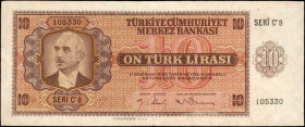 TURKEY. Turkiye Cumhuriyet Merkez Bankasi. 10 Turk Lirasi, 1930. P-141. Fine.

President Mustafa Ismet Inonu at left. Women on the reverse. Intricat...