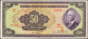 TURKEY. Turkiye Cumhuriyet Merkez Bankasi. 50 Turk Lirasi, 1930. P-142. Very Fine.

Printed by ABNC. President Mustafa Ismet Inonu at right with lon...