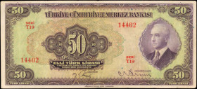 TURKEY. Turkiye Cumhuriyet Merkez Bankasi. 50 Lira, 1942. P-142. Very Fine.

Vignette with long tie variety at right. Found in a Very Fine/Extremely...
