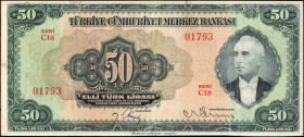 TURKEY. Turkiye Cumhuriyet Merkez Bankasi. 50 Turk Lirasi, 1930. P-143. Fine.

Printed by ABNC. President Mustafa Ismet Inonu at right. Goats on the...