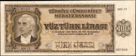 TURKEY. Turkiye Cumhuriyet Merkez Bankasi. 100 Turk Lirasi, 1930. P-144a. Very Fine.

With printers name. President Mustafa Ismet Inonu at left. Gir...