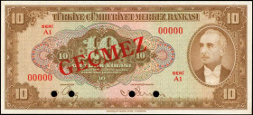 TURKEY. Turkiye Cumhuriyet Merkez Bankasi. 10 Turk Lirasi, 1930. P-148s. Specimen. Uncirculated.

Estimate: $150.00 - $300.00