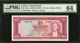 TURKEY. Turkiye Cumhuriyet Merkez Bankasi. 2 1/2 Lira, 1930 (ND 1960). P-153a. PMG Choice Uncirculated 64.

PMG comments "Minor Ink."

Estimate: $...
