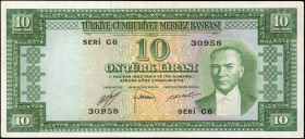 TURKEY. Turkiye Cumhuriyet Merkez Bankasi. 10 Turk Lirasi, 1930. P-156. About Uncirculated.

Bright paper & vivid ink stand out.

Estimate: $150.0...