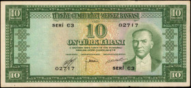TURKEY. Turkiye Cumhuriyet Merkez Bankasi. 10 Turk Lirasi, 1930. P-156a. Very Fine.

Green type of President Kemal Ataturk at right and river & brid...