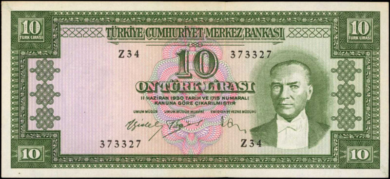 TURKEY. Turkiye Cumhuriyet Merkez Bankasi. 10 Turk Lirasi, 1930. P-159. Extremel...