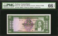 TURKEY. Turkiye Cumhuriyet Merkez Bankasi. 10 Lira, 1930 (ND 1960-63). P-161. PMG Gem Uncirculated 66 EPQ.

Printed by TCMB. Series A-B. Found in a ...