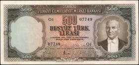 TURKEY. Turkiye Cumhuriyet Merkez Bankasi. 500 Turk Lirasi, 1930. P-171. Very Fine.

President Mustafa Kemal Atatürk at right, watermark at left. Mo...