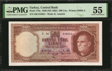 TURKEY. Turkiye Cumhuriyet Merkez Bankasi. 500 Lira, 1930 (ND 1962). P-178a. PMG About Uncirculated 55.

An early signature type for this high denom...
