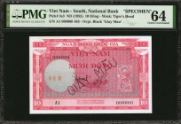 VIETNAM, SOUTH. National Bank. 10 Dong, ND (1955). P-3s3. Specimen. PMG Choice Uncirculated 64.

Estimate: $150.00 - $250.00