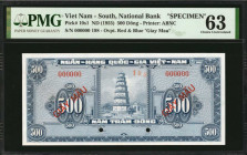 VIETNAM, SOUTH. National Bank. 500 Dong, ND (1955). P-10s1. Specimen. PMG Choice Uncirculated 63.

Estimate: $200.00 - $400.00