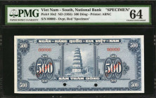 VIETNAM, SOUTH. National Bank. 500 Dong, ND (1955). P-10s2. Specimen. PMG Choice Uncirculated 64.

Red specimen overprint. Printed by ABNC. Two punc...