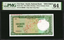 VIETNAM, SOUTH. National Bank. 20 Dong, ND (1964). P-16s1. Specimen. PMG Choice Uncirculated 64.

Estimate: $150.00 - $250.00