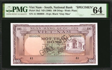 VIETNAM, SOUTH. National Bank. 100 Dong, ND (1966). P-18s2. Specimen. PMG Choice Uncirculated 64.

Estimate: $75.00 - $125.00