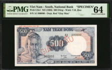 VIETNAM, SOUTH. National Bank. 500 Dong, ND (1966). P-23s1. Specimen. PMG Choice Uncirculated 64.

Estimate: $150.00 - $250.00