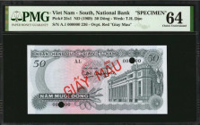 VIETNAM, SOUTH. National Bank. 50 Dong, ND (1969). P-25s1. Specimen. PMG Choice Uncirculated 64.

Estimate: $125.00 - $250.00