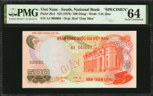 VIETNAM, SOUTH. National Bank. 500 Dong, ND (1970). P-28s1. Specimen. PMG Choice Uncirculated 64.

Estimate: $100.00 - $200.00