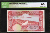 YEMEN, DEMOCRATIC REPUBLIC. South Arabian Currency Authority. 5 Dinars, ND (1965). P-4b. ICG Choice Uncirculated 66.

Estimate: $100.00 - $200.00