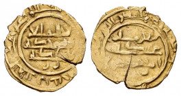 Kingdom of Taifas. Banu Djahwar. fractional Dinar. 449 H?. Qurtuba (Córdoba). Au. 0,96 g. On behalf of Imam Abd Allah. Frochoso: The coins of the Banu...