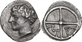 Celtic World. Gaul, Massalia. AR Obol, 4th-3rd century BC. Obv. Head of river god left. Rev. M A within wheel of four spokes. SNG Cop. 723-727. AR. 0....