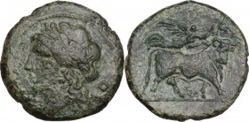 Greek Italy. Samnium, Southern Latium and Northern Campania, Suessa Aurunca. AE 20 mm, 265-240 BC. Obv. Head of Apollo left, laureate. Rev. Man-headed...