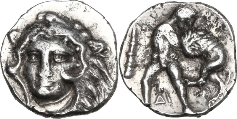 Greek Italy. Southern Apulia, Tarentum. AR Diobol, 325-280 BC. Obv. Head of Hera...