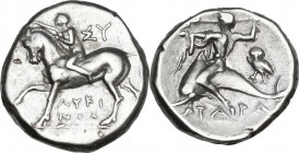 Greek Italy. Southern Apulia, Tarentum. AR Stater, c. 272-235 BC. Obv. Youth on horseback left, crowning horse; ΣY behind; ΛYKI/NOΣ below. Rev. Phalan...