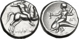 Greek Italy. Southern Apulia, Tarentum. AR Stater, c. 272-235 BC. Obv. Youth on horse galloping right; holding javelin aloft; below, I–IΠΠOΔA. Rev. Ph...