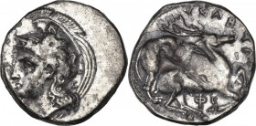 Greek Italy. Northern Lucania, Velia. AR Didrachm, c. 350 BC. Obv. Head of Athena left, wearing Phrygian helmet decorated with sphinx. Rev. YEΛHTΩN. L...