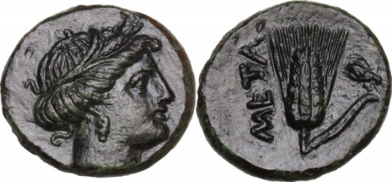 Greek Italy. Southern Lucania, Metapontum. AE 15 mm, 275-250 BC. Obv. Head of De...