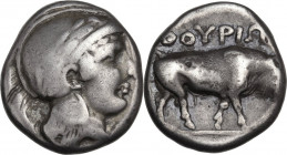 Greek Italy. Southern Lucania, Thurium. AR Stater, 443-400 BC. Obv. Head of Athena right, wearing helmet decorated with wreath. Rev. Bull right. HN It...