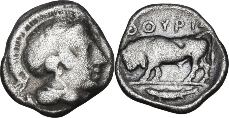 Greek Italy. Southern Lucania, Thurium. AR Diobol, c. 443-400. Obv. Head of Athe...