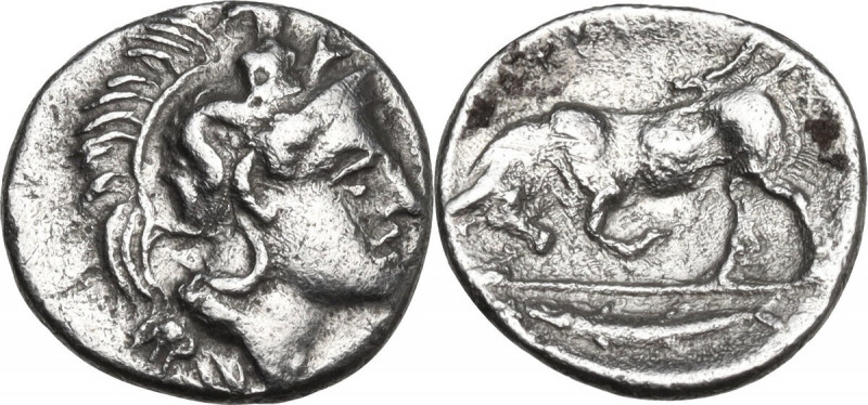 Greek Italy. Southern Lucania, Thurium. AR Triobol, 400-350 BC. Obv. Head of Ath...