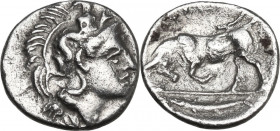 Greek Italy. Southern Lucania, Thurium. AR Triobol, 400-350 BC. Obv. Head of Athena right, wearing helmet decorated with Scylla. Rev. Bull butting lef...