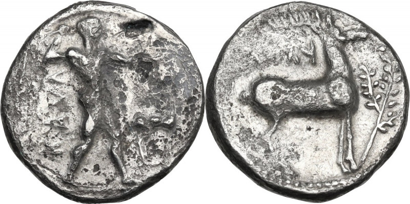 Greek Italy. Bruttium, Kaulonia. AR Stater, c. 475-425 BC. Obv. KAVΛ. Apollo adv...