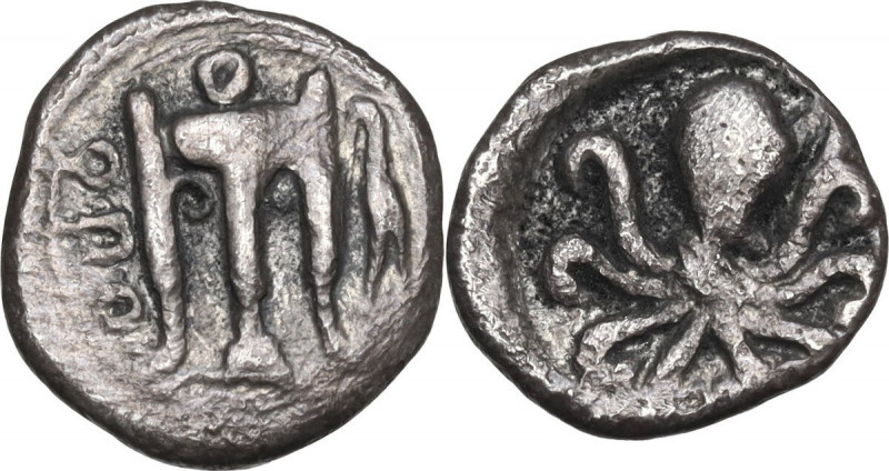Greek Italy. Bruttium, Kroton. AR Triobol, 525-425 BC. Obv. Tripod; to right, ma...